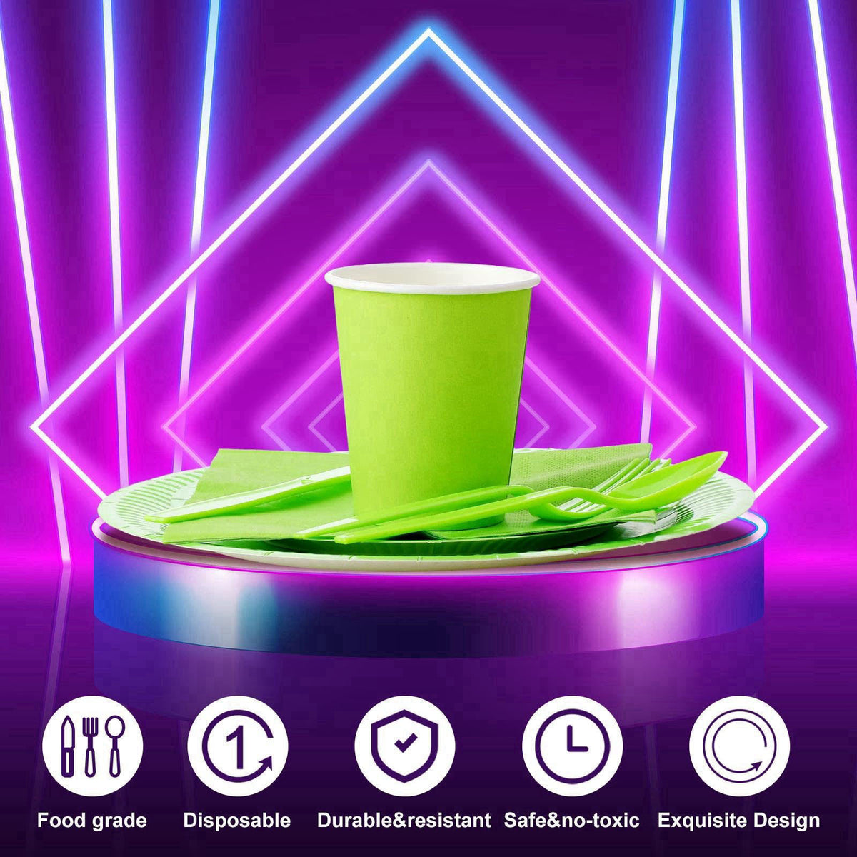 Tioncy 350 Pcs Neon Glow Party Supplies Serves 50, Plates Napkins Cups – full view
