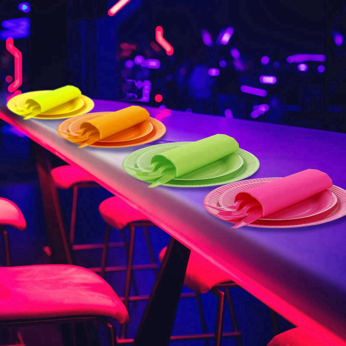 Tioncy 350 Pcs Neon Glow Party Supplies Serves 50, Plates Napkins Cups – back view and specifications
