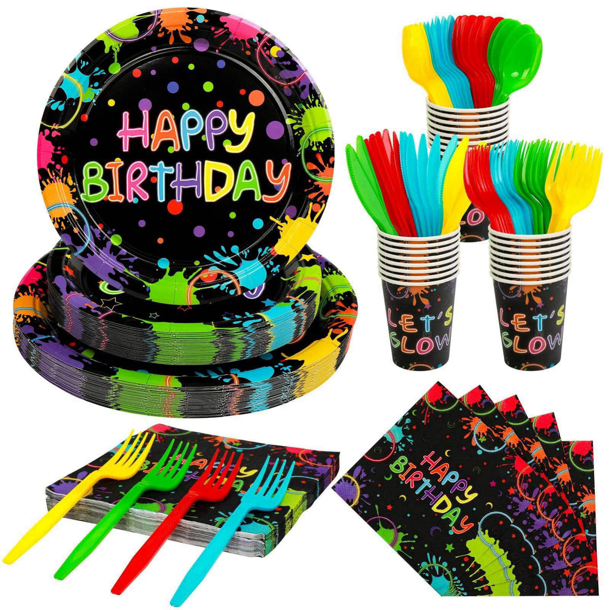 Clapzooki 168 Pcs Serves 24 Guests Happy Birthday Party Plates and Napkins Glow Neon Birthday Tableware Set - Cups, Kniv