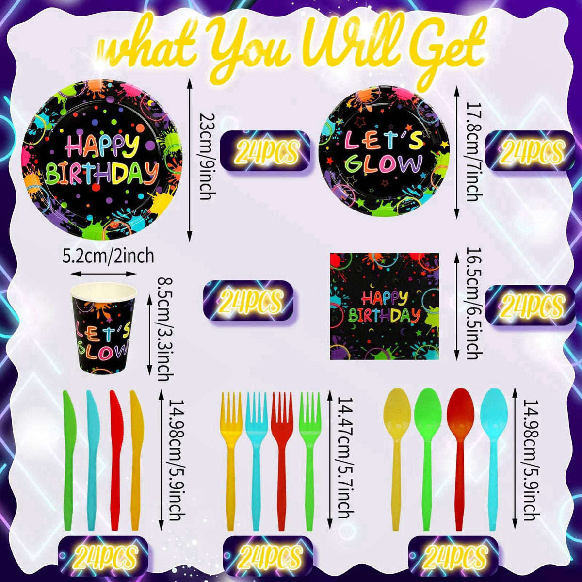 Clapzooki 168 Pcs Serves 24 Guests Happy Birthday Party Plates and Napkins Glow Neon Birthday Tableware Set - Cups, Kniv