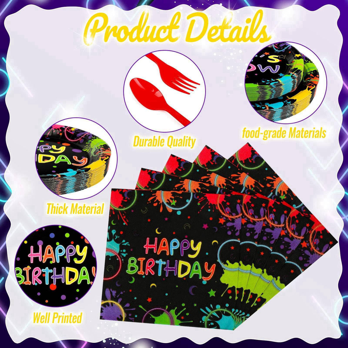 Clapzooki 168 Pcs Serves 24 Guests Happy Birthday Party Plates and Napkins Glow Neon Birthday Tableware Set - Cups, Kniv