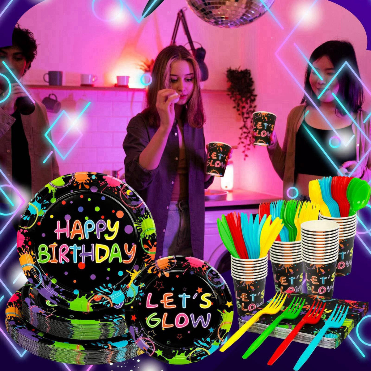 Clapzooki 168 Pcs Serves 24 Guests Happy Birthday Party Plates and Napkins Glow Neon Birthday Tableware Set - Cups, Kniv
