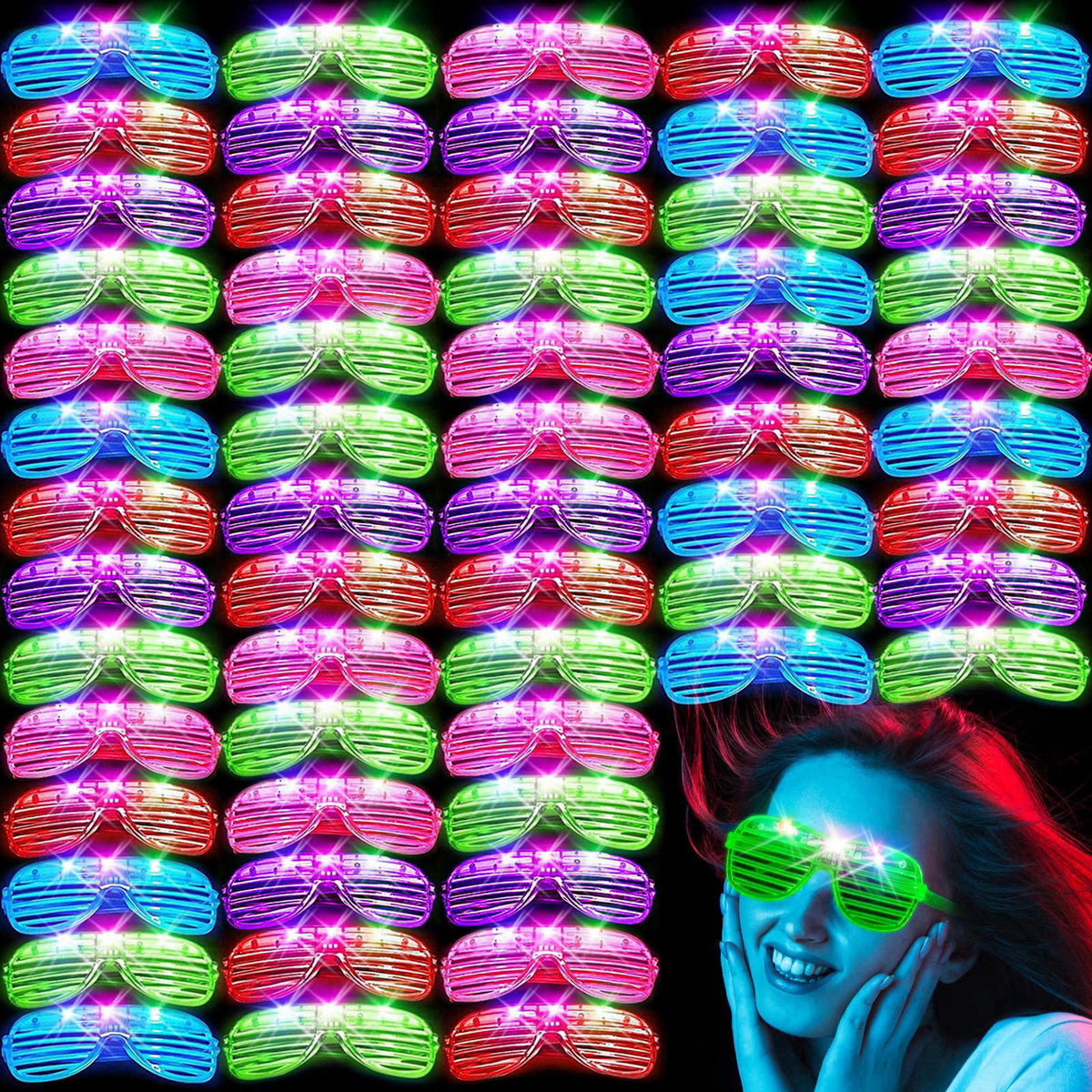 SHQDD 64Pack LED Glasses 5 Colors Light Up Glasses,Glow In The Dark Party Supplies, Shutter Shades Glow Sticks Glasses N