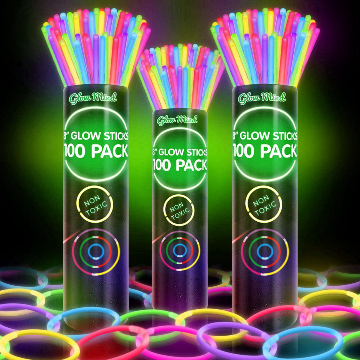 Glow Mind 300 Ultra Bright Glow Sticks Bulk - Halloween Glow in the Dark Party Supplies Pack - 8" Neon Glowsticks Pa
