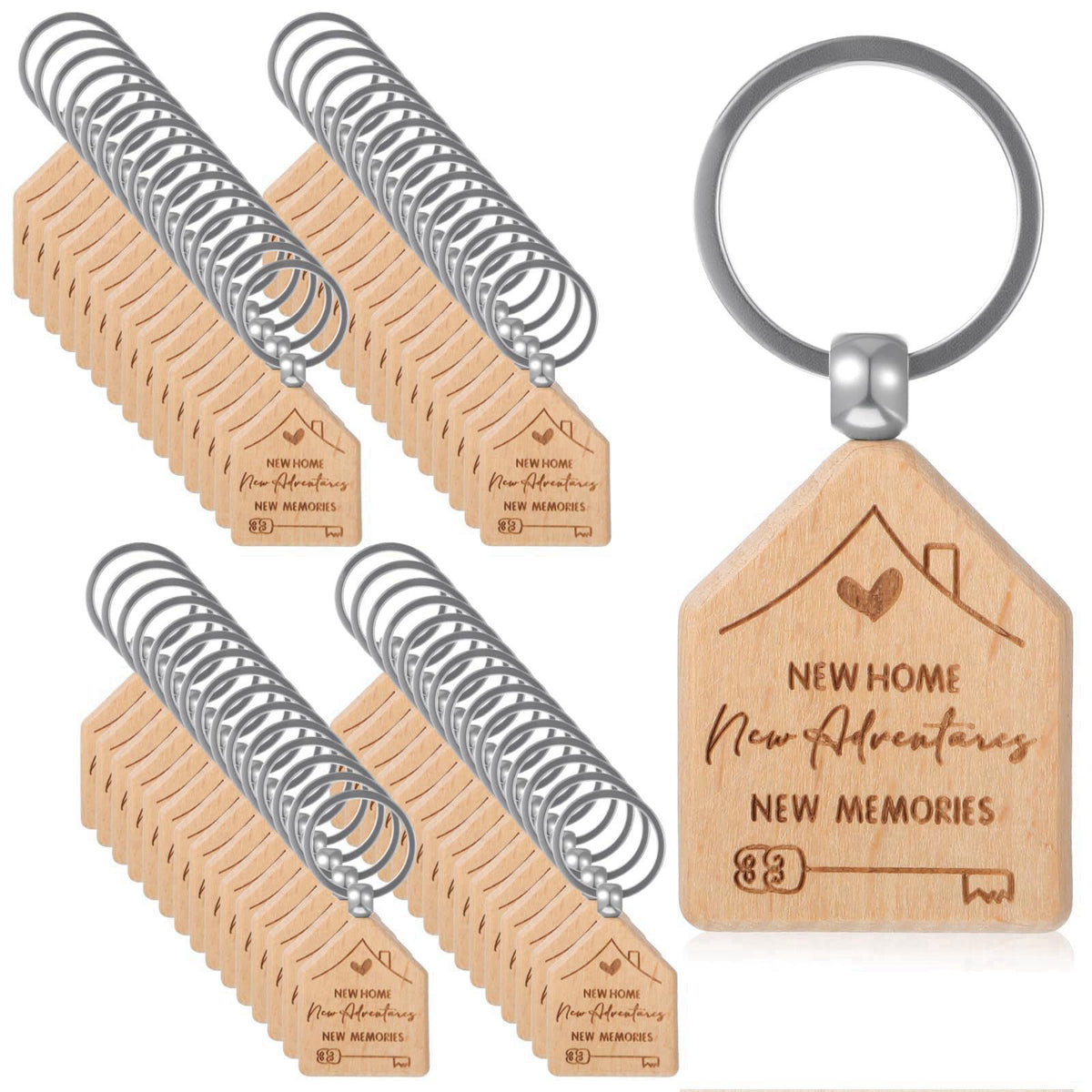 xozeooeu 60 Pcs Welcome Home Keychain Bulk, New Homeowner Gifts - Engraved Wooden House Shaped Keychains with Key Rings 