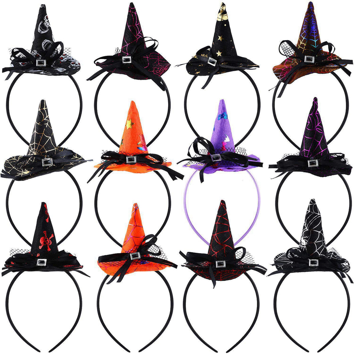 Blulu 12 Pcs Halloween Witch Hat Headbands Bulk Women Cosplay Costume – Multicolor, flannelette and plastic, 11 x 22 cm/