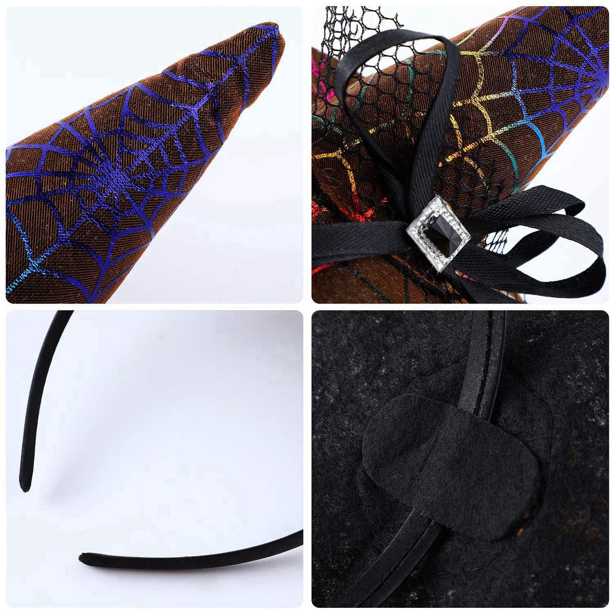 Blulu 12 Pcs Halloween Witch Hat Headbands Bulk Women Cosplay Costume – back view and specifications