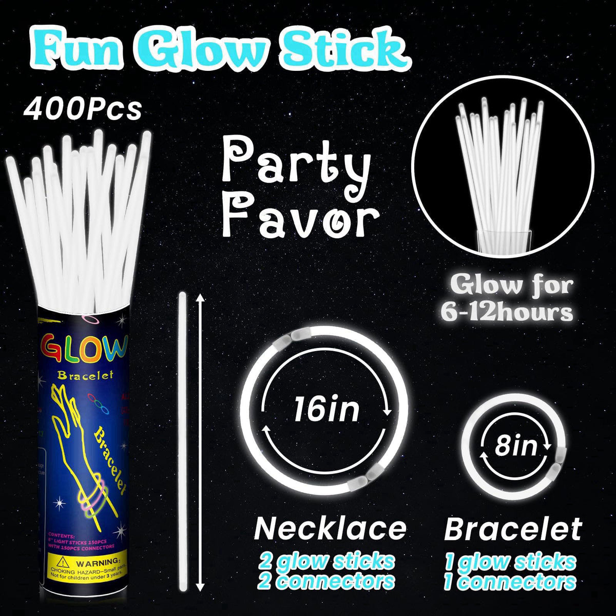 GKXMAXIWANG 400 Pcs 8" White Glow Sticks Bulk for Party Supplies – packaging and label
