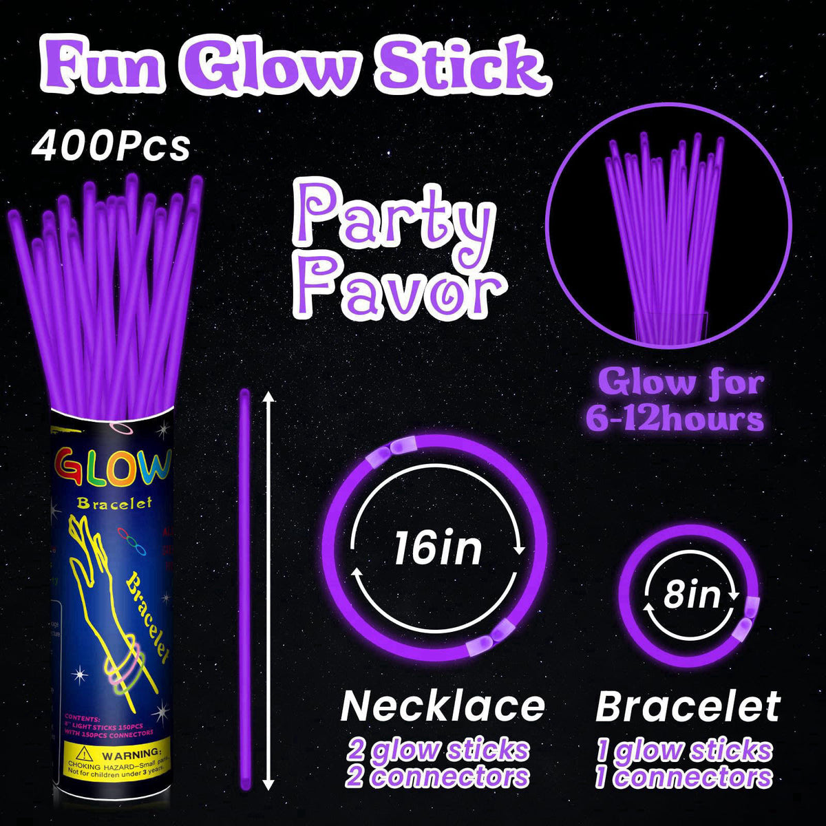 GKXMAXIWANG 400 Pcs 8" Purple Glow Sticks Bulk for Party Supplies – packaging and label