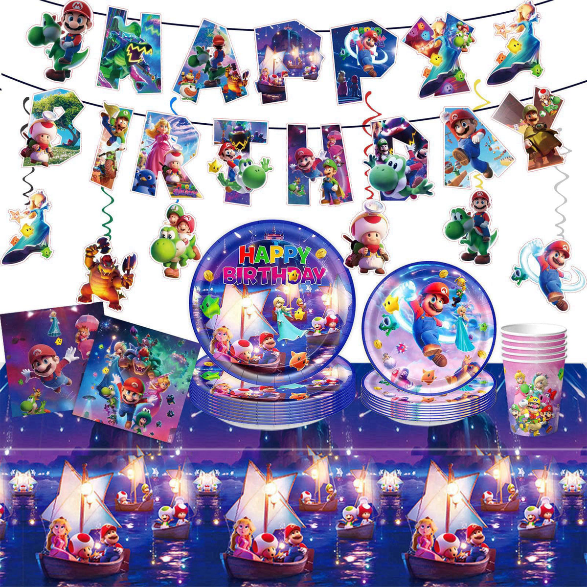 SHSAIEDHA 88Pcs Birthday Party Decorations, Party Supplies Set Including Banner, Tablecloth, Hanging Swirls, Paper Plate