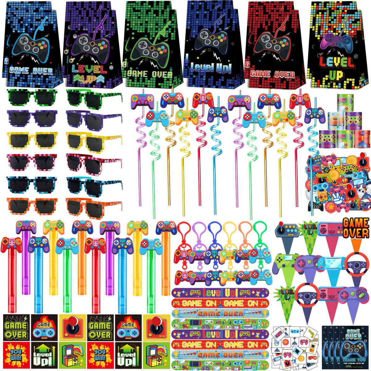 PLOUGVI 320PCS Video Game Party Favors for Kids-Including Goodie Bags, Glasses, Straws, Bubble Wands, Stickers, Cake Top