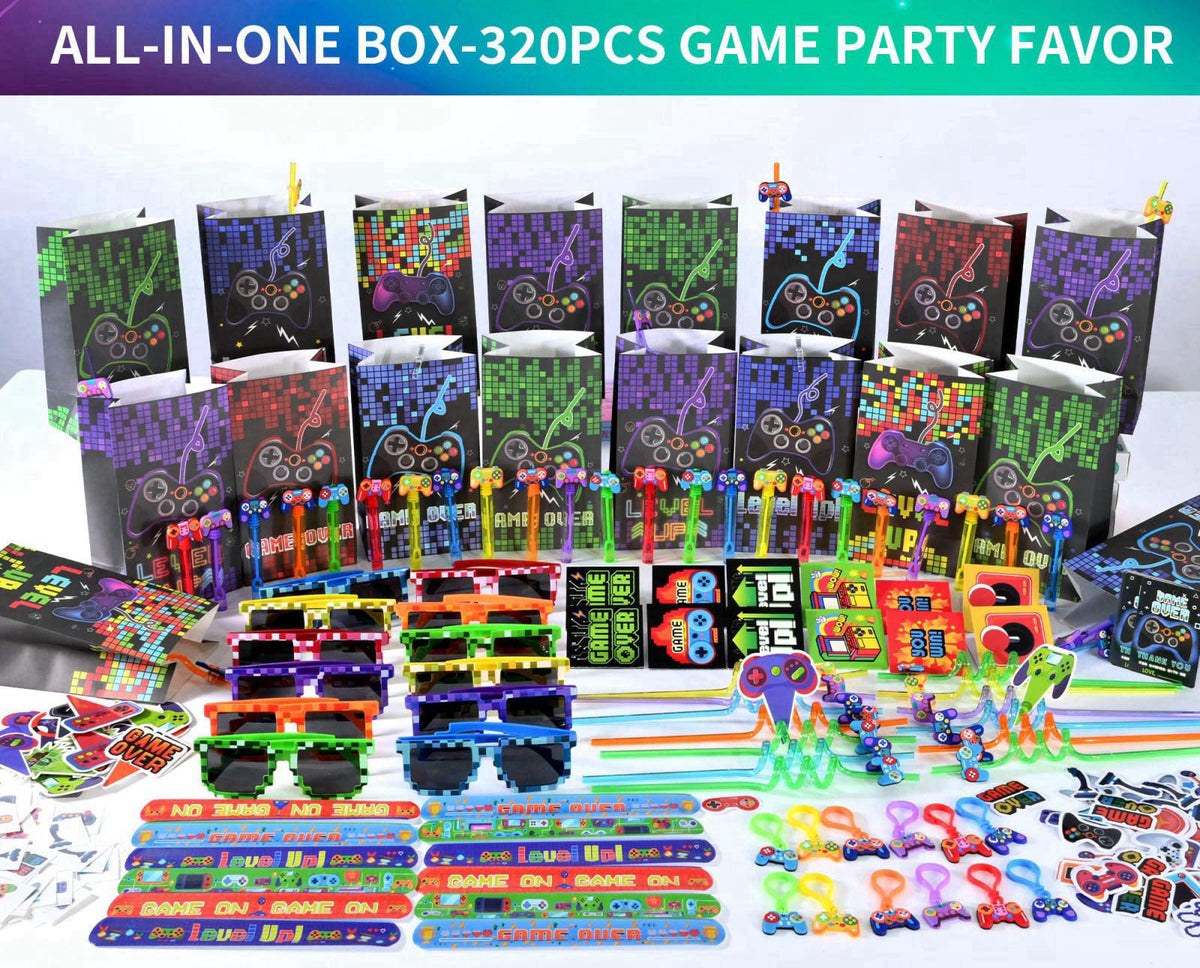 PLOUGVI 320PCS Video Game Party Favors for Kids-Including Goodie Bags, Glasses, Straws, Bubble Wands, Stickers, Cake Top