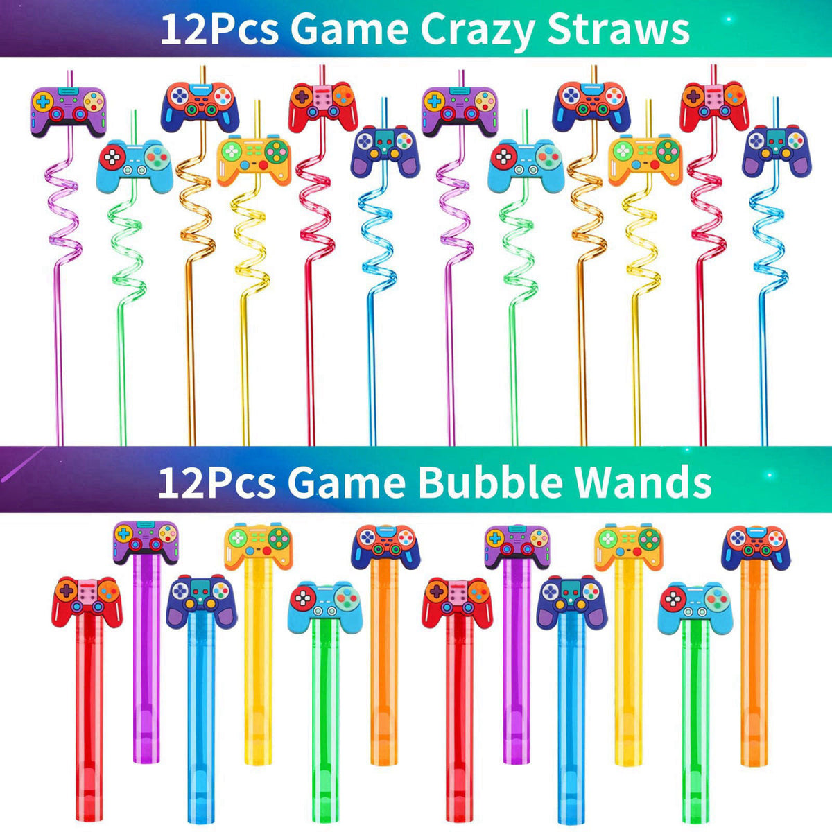 PLOUGVI 320PCS Video Game Party Favors for Kids-Including Goodie Bags, Glasses, Straws, Bubble Wands, Stickers, Cake Top