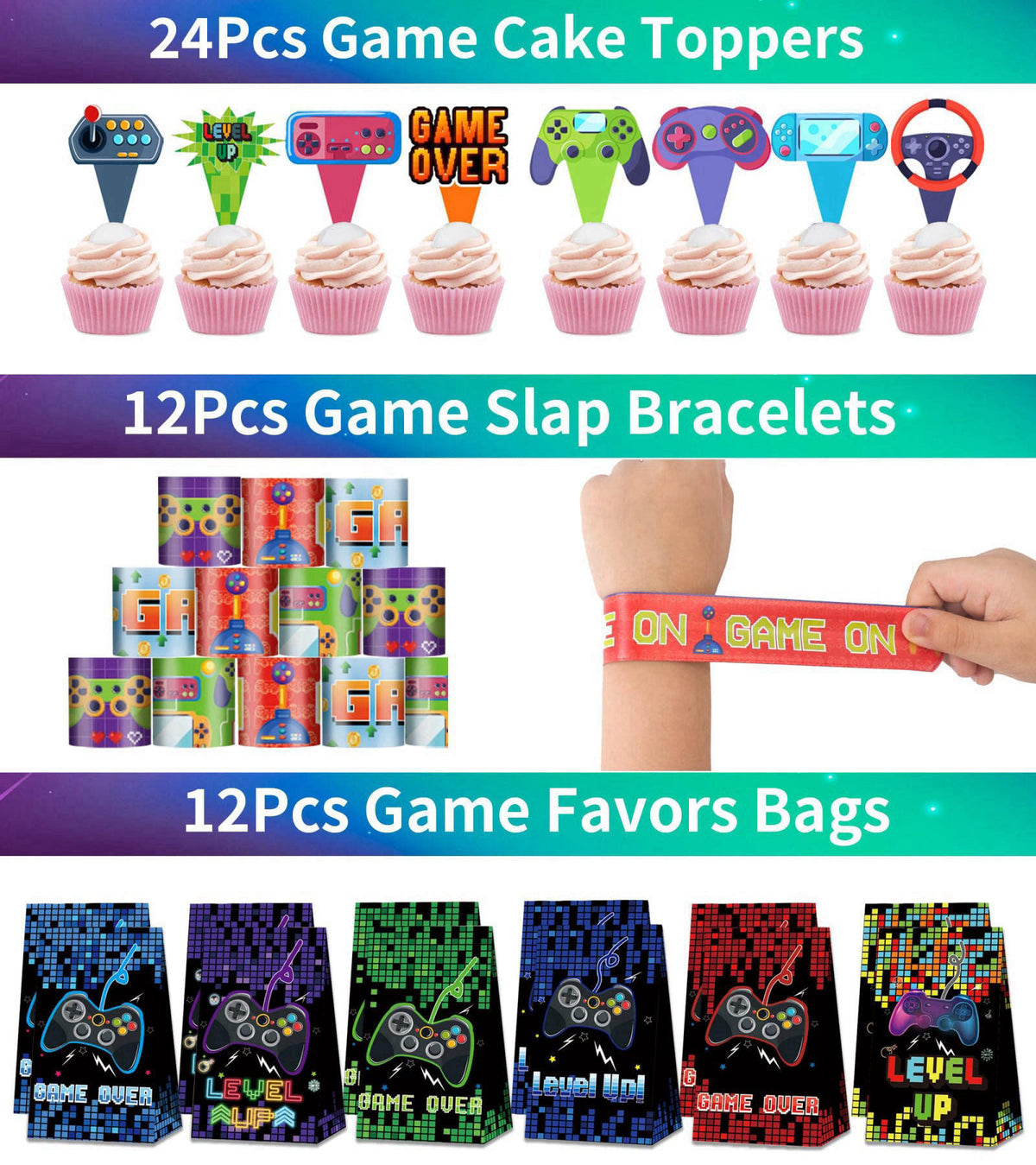 PLOUGVI 320PCS Video Game Party Favors for Kids-Including Goodie Bags, Glasses, Straws, Bubble Wands, Stickers, Cake Top