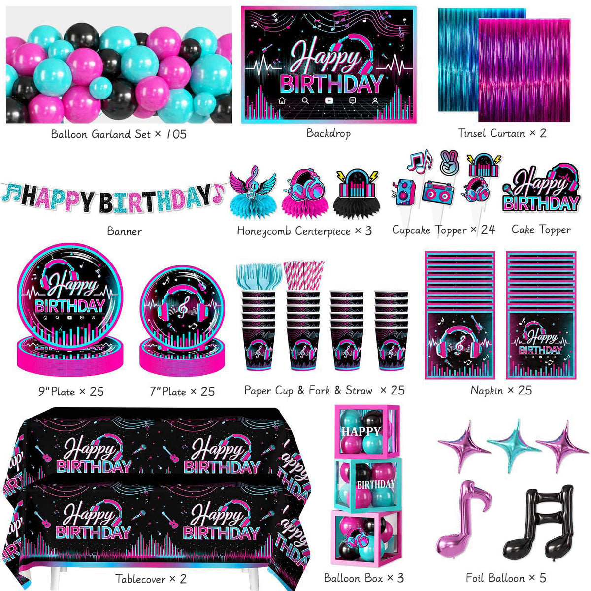 cocomigo 303pcs Music Birthday Decorations, All-in-One Set Serves 25 – back view and specifications