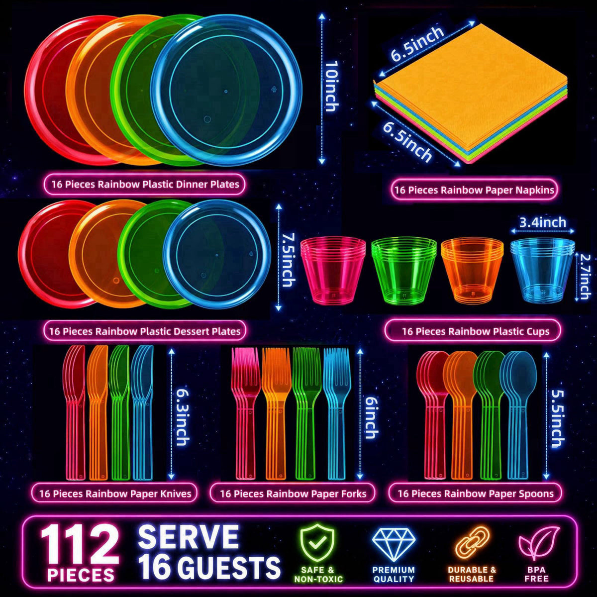 ZAVOOS 112 Pieces Neon Party Supplies, Service for 16 Guests – packaging and label