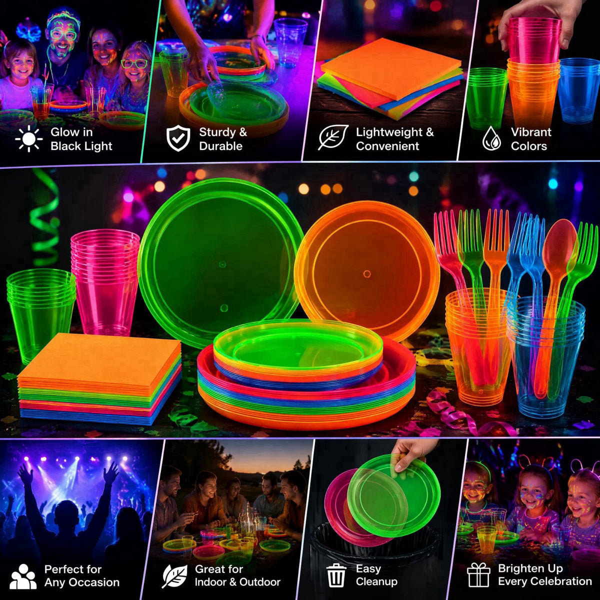ZAVOOS 112 Pieces Neon Party Supplies, Service for 16 Guests – back view and specifications
