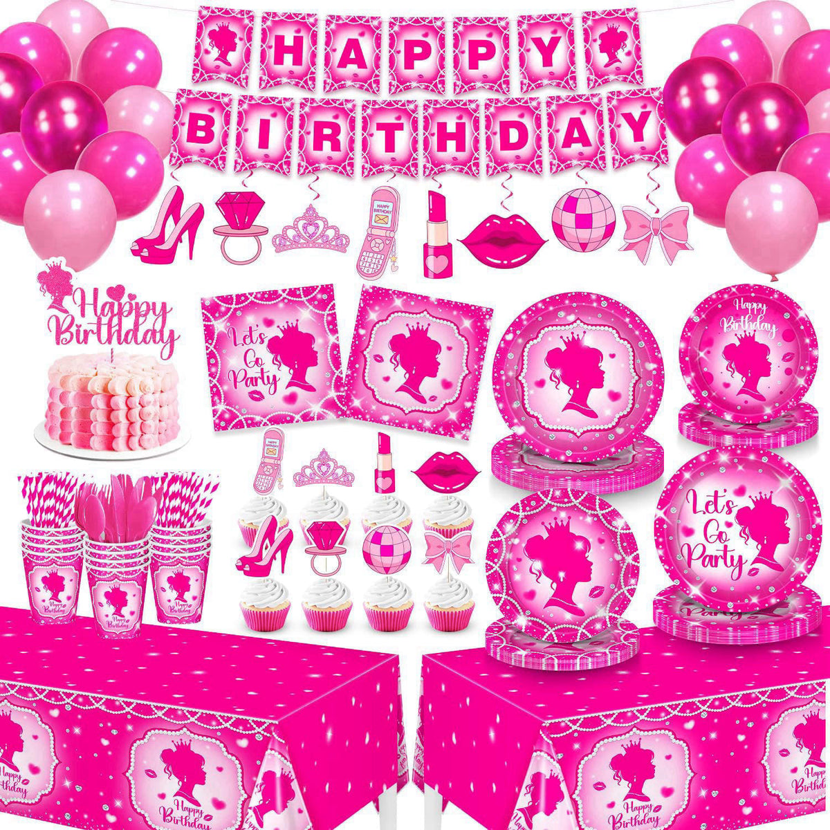 julyshy Hand-Drawn Hot Pink Birthday Decorations, 24 Guests Party Supplies – product photo (Party Packs)