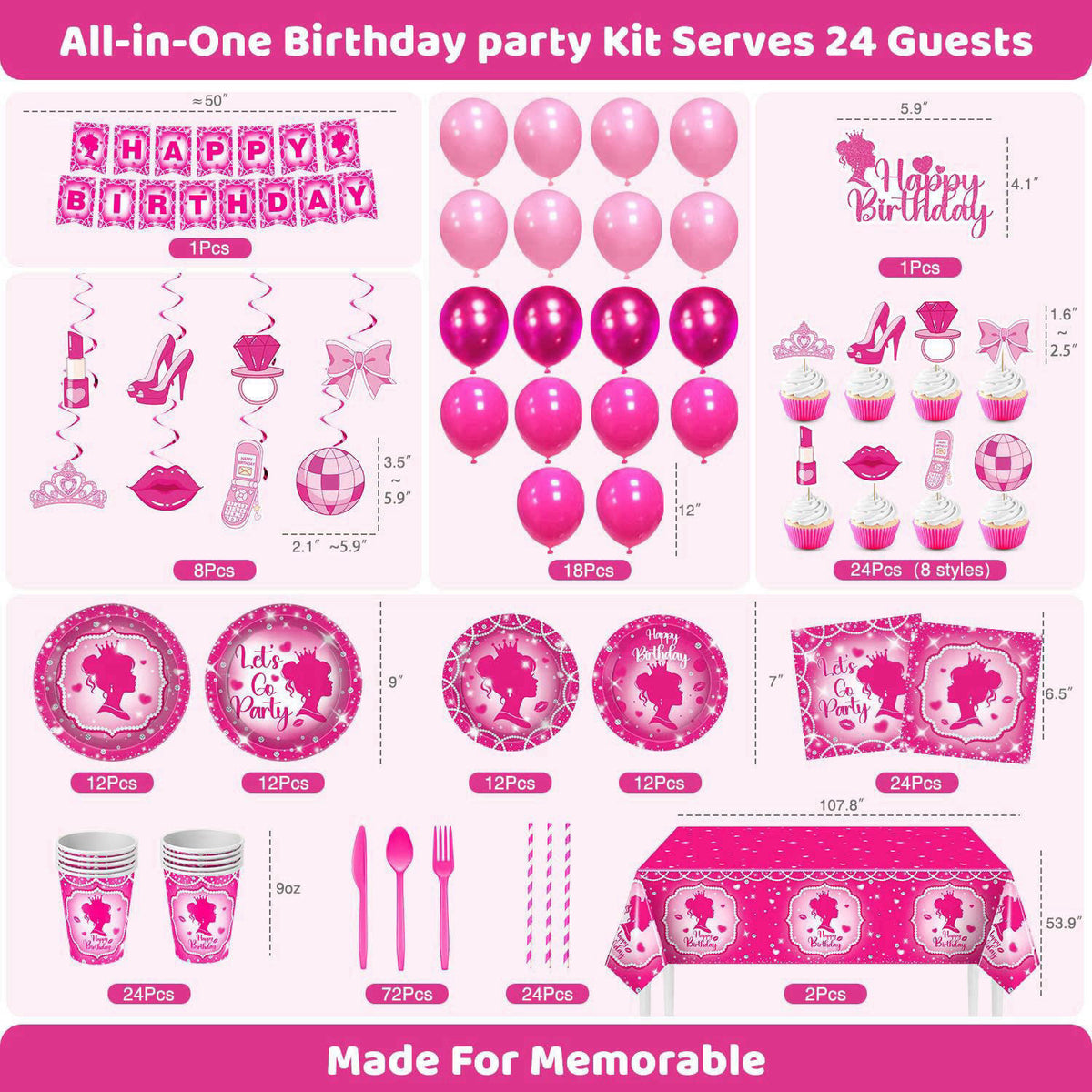 julyshy Hand-Drawn Hot Pink Birthday Decorations, 24 Guests Party Supplies – packaging and label