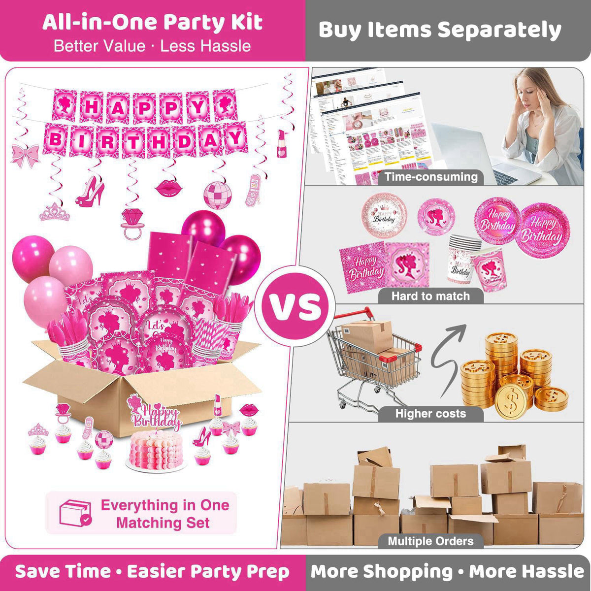 julyshy Hand-Drawn Hot Pink Birthday Decorations, 24 Guests Party Supplies – full view