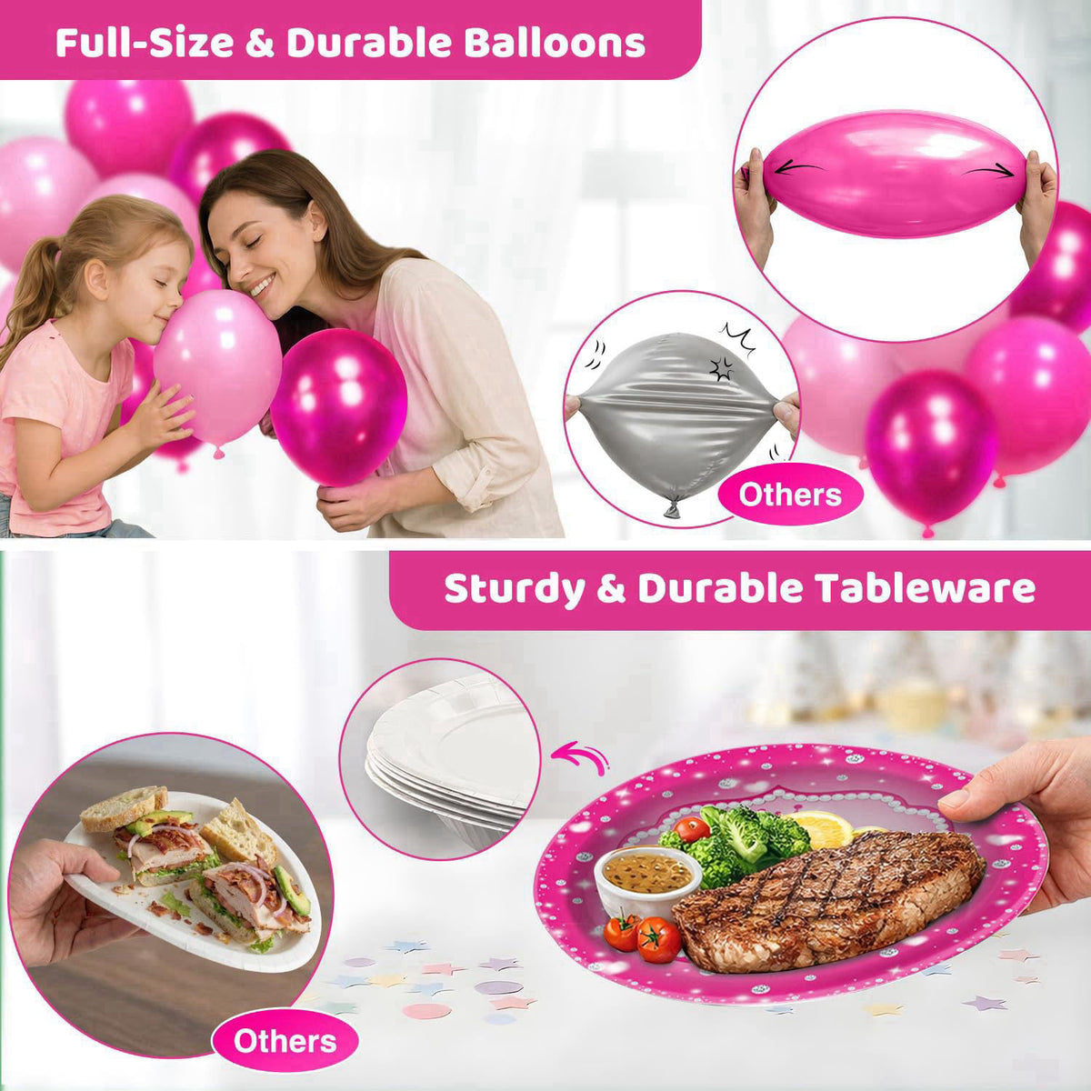 julyshy Hand-Drawn Hot Pink Birthday Decorations, 24 Guests Party Supplies – back view and specifications
