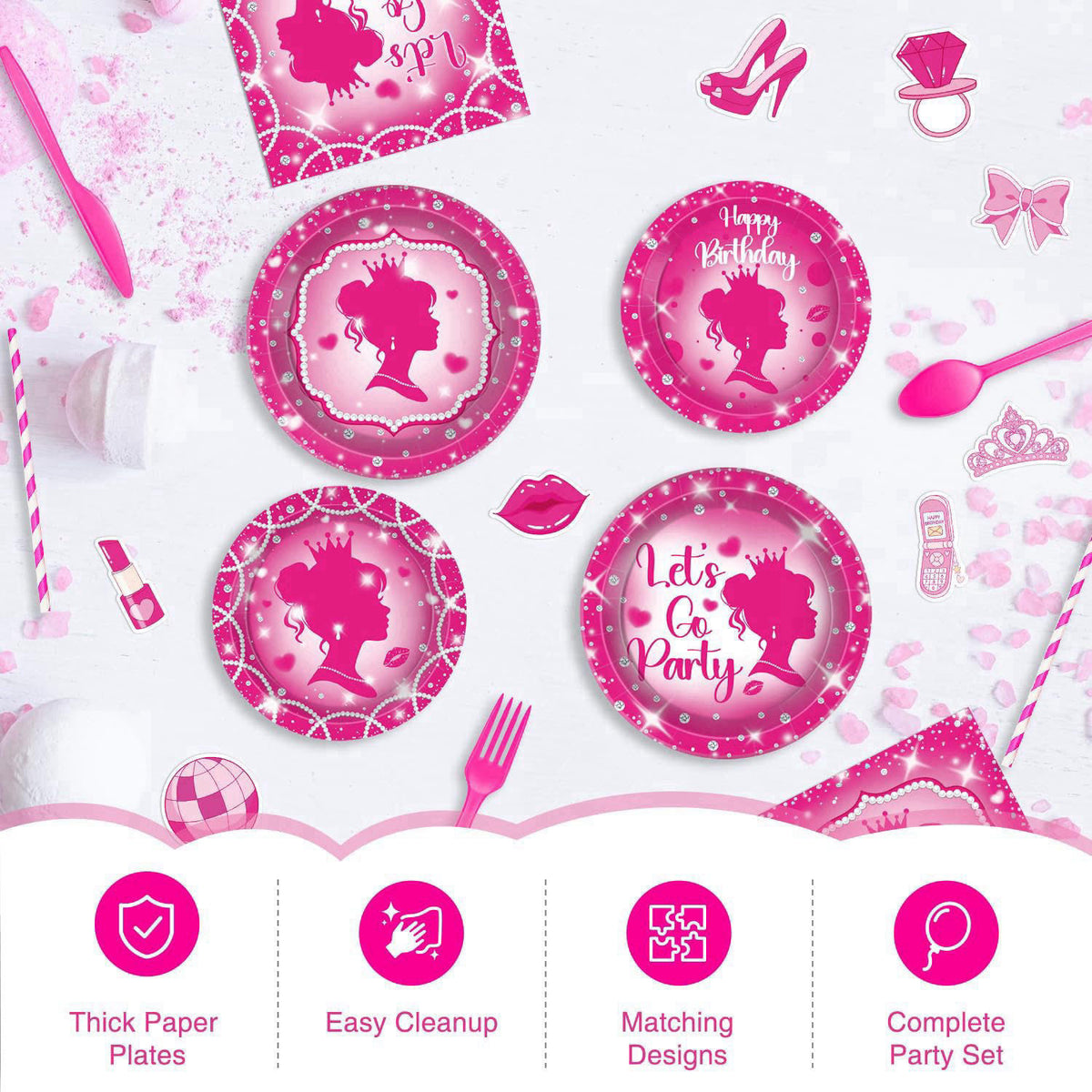 julyshy Hand-Drawn Hot Pink Birthday Decorations, 24 Guests Party Supplies – alternate angle
