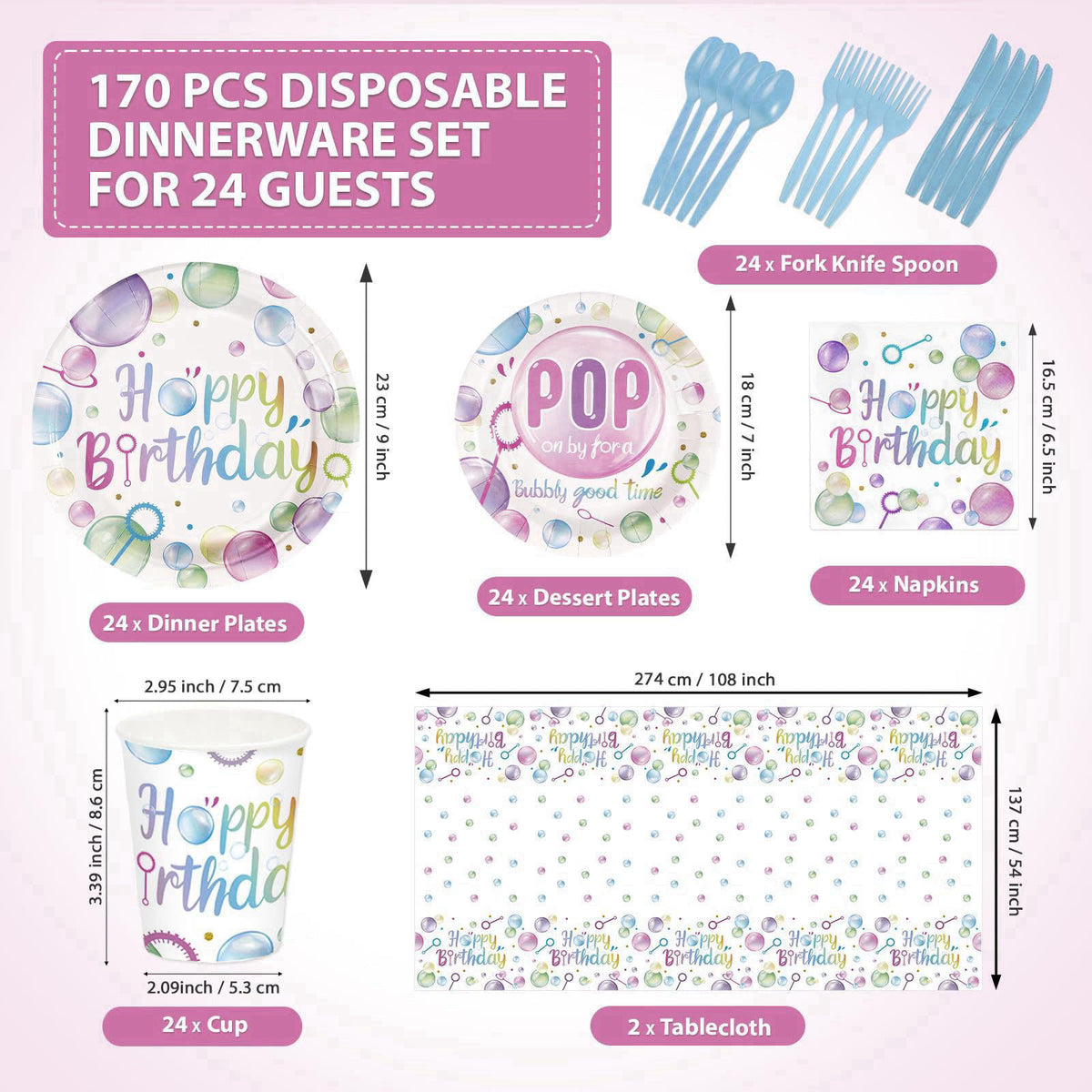 Greencian 170 Pcs Bubble Birthday Party Decorations, Serves 24 – packaging and label