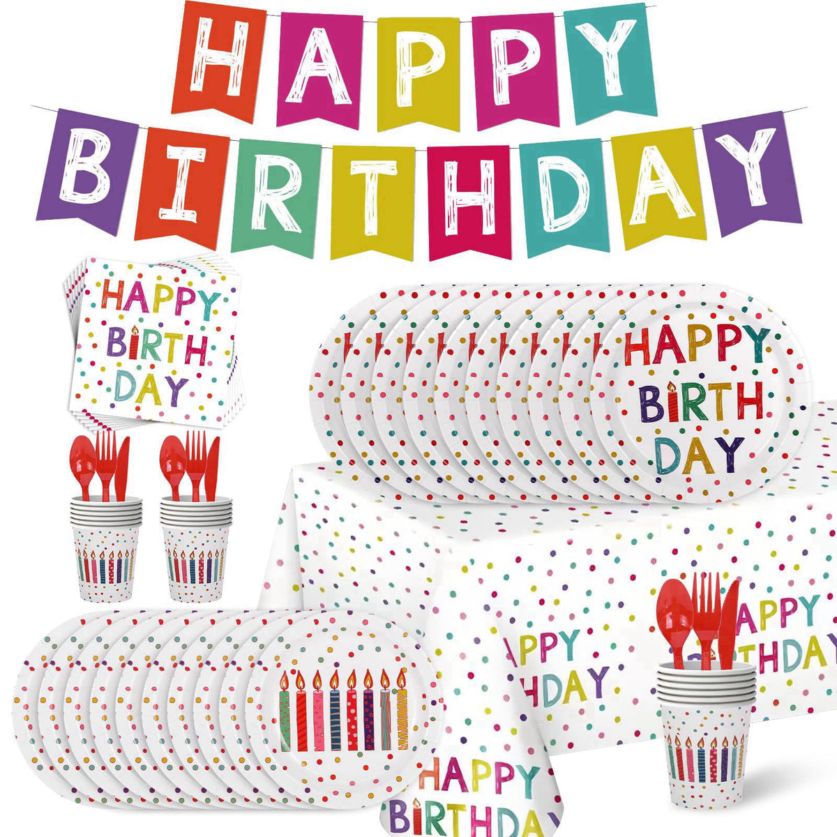 Zifengcer 203 Pcs Happy Birthday Decorations: Party Supplies Set with Dots Design- Includes Disposable Paper Birthday Pl