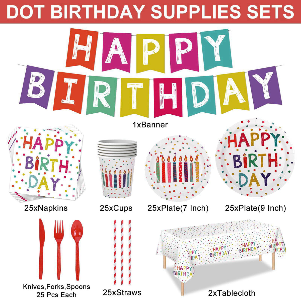 Zifengcer 203 Pcs Happy Birthday Decorations: Party Supplies Set with Dots Design- Includes Disposable Paper Birthday Pl