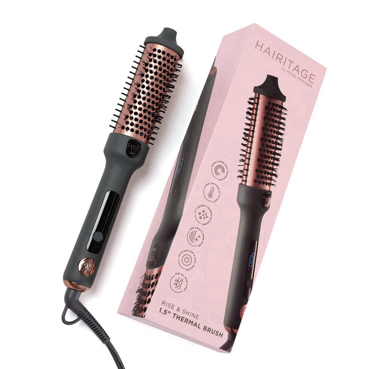 Hairitage Heated Curl Brush - 1.5 Inch Thermal Round Brush for Smooth & Frizz-Free Hair -10 Minute Blowout -Effortless C