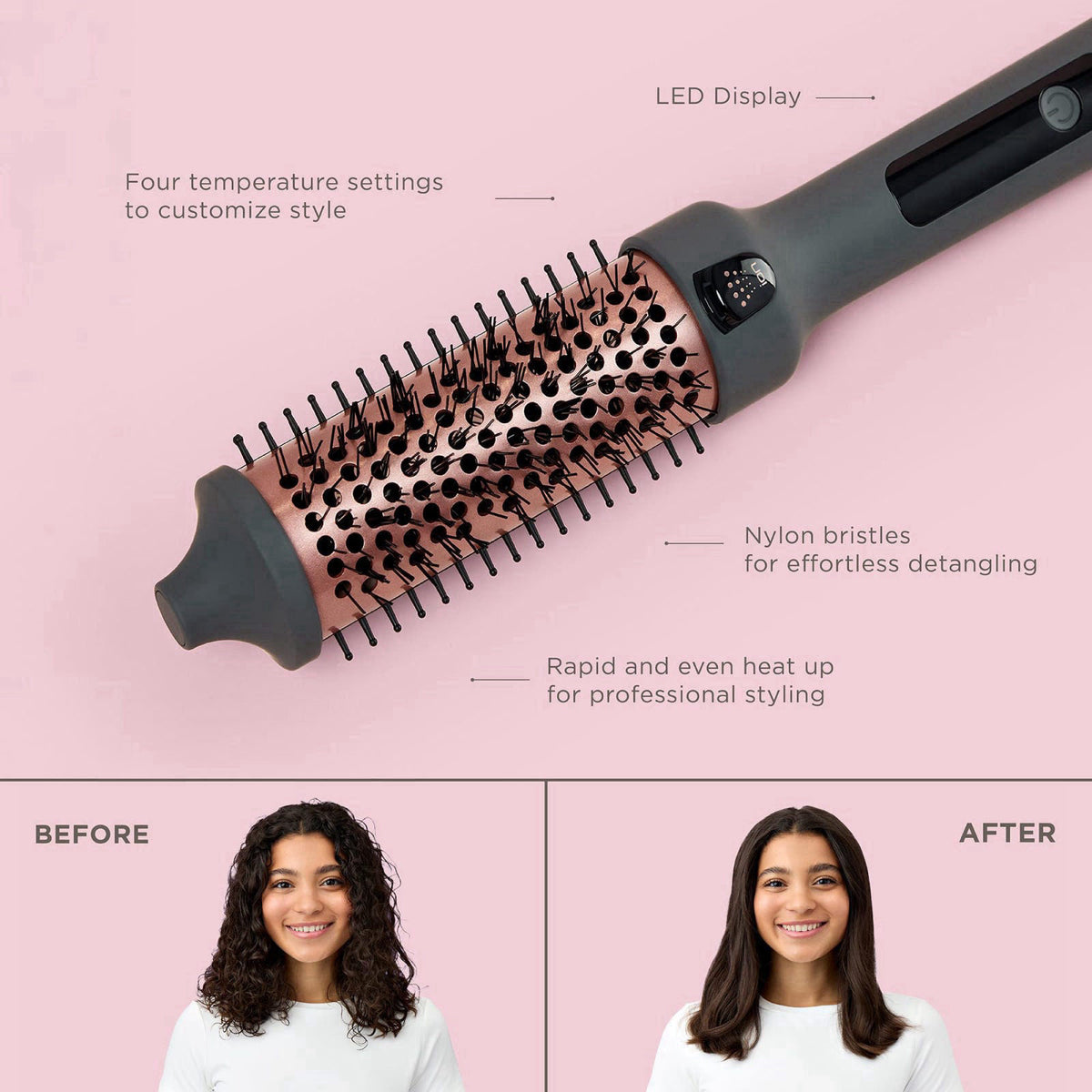 Hairitage Heated Curl Brush - 1.5 Inch Thermal Round Brush for Smooth & Frizz-Free Hair -10 Minute Blowout -Effortless C