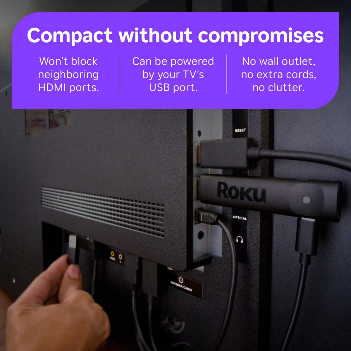Roku Streaming Stick Plus with Voice Remote - 4K & HDR10+ – back view and specifications