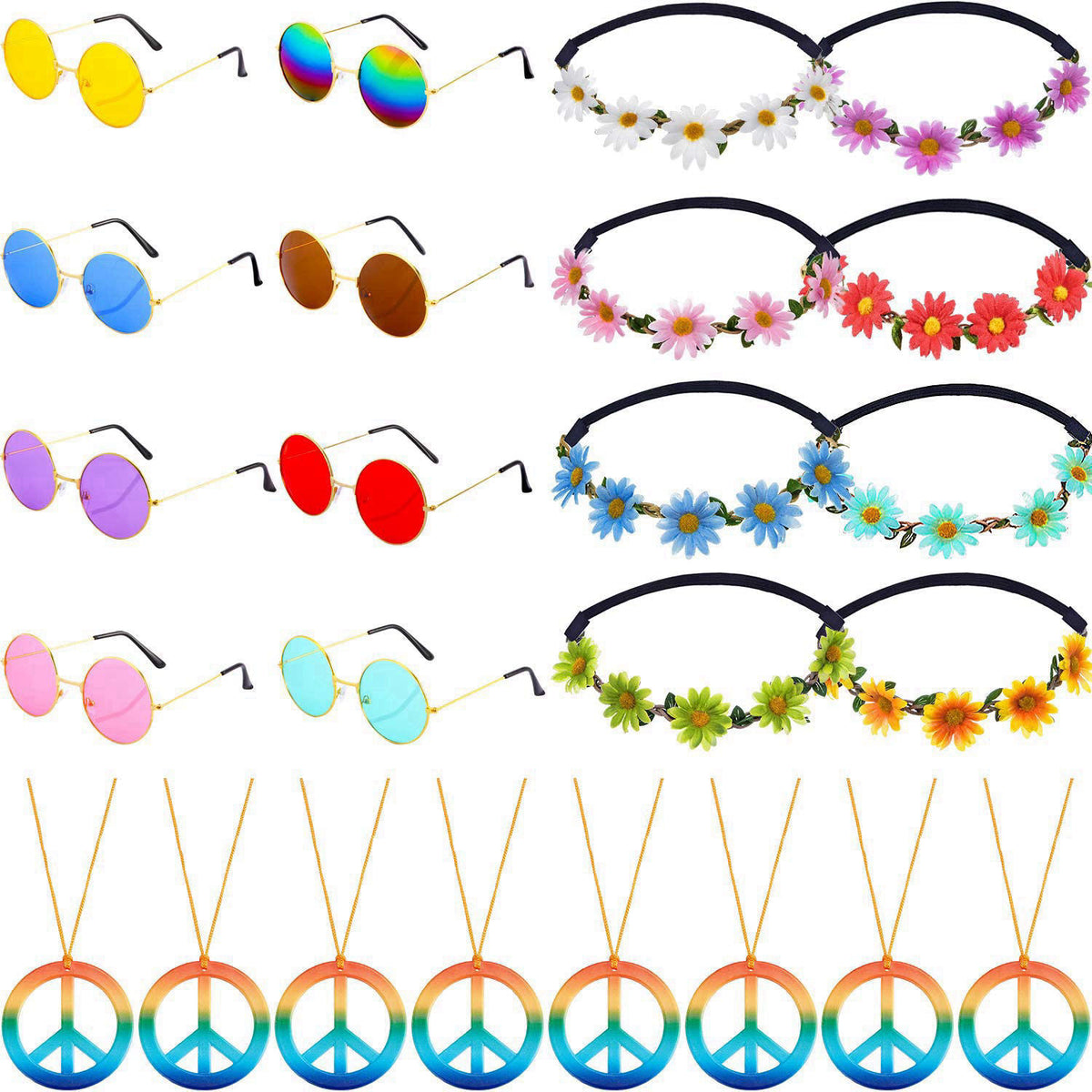 Frienda 24 Pcs Hippie Costume Accessories Set Boho Peace Sign Necklaces Daisy Sunflower Headbands Retro Sunglasses 60s 7