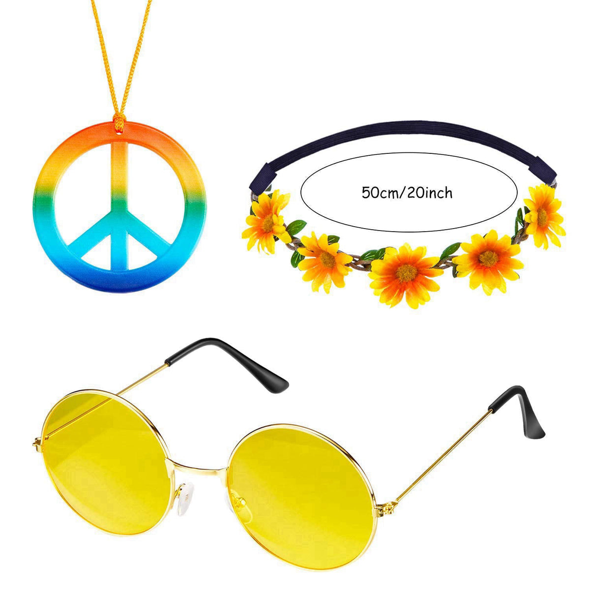 Frienda 24 Pcs Hippie Costume Accessories Set Boho Peace Sign Necklaces Daisy Sunflower Headbands Retro Sunglasses 60s 7