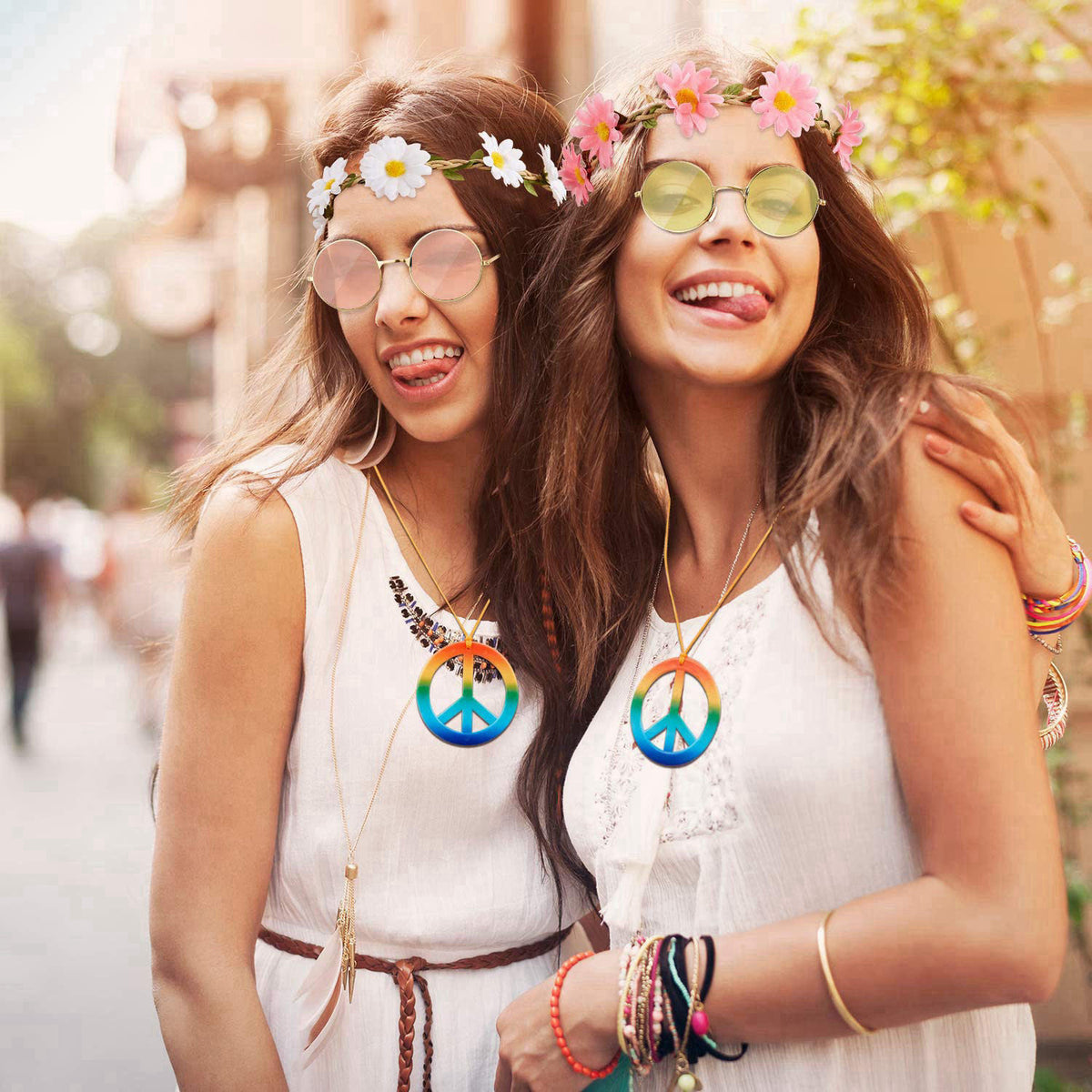 Frienda 24 Pcs Hippie Costume Accessories Set Boho Peace Sign Necklaces Daisy Sunflower Headbands Retro Sunglasses 60s 7