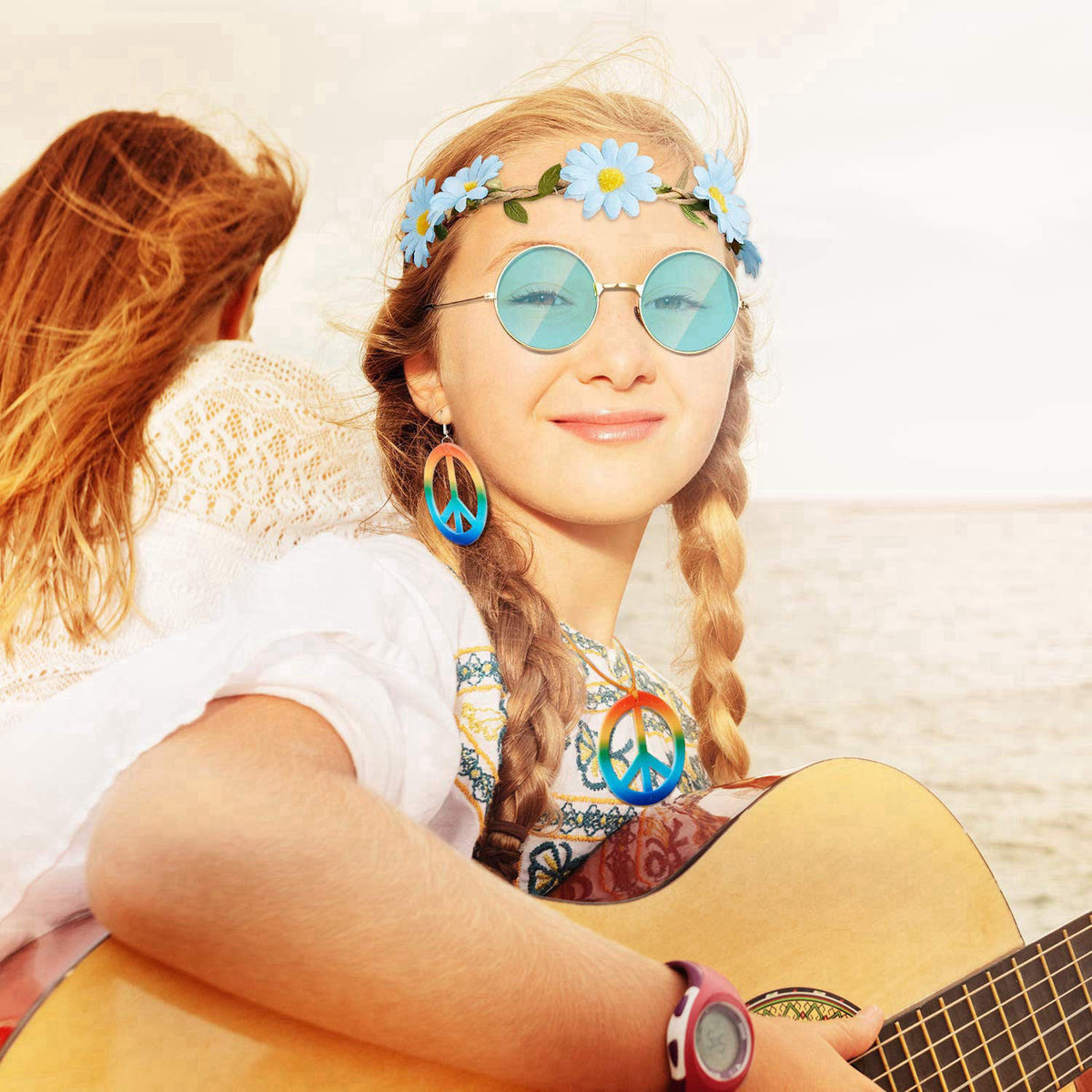 Frienda 24 Pcs Hippie Costume Accessories Set Boho Peace Sign Necklaces Daisy Sunflower Headbands Retro Sunglasses 60s 7