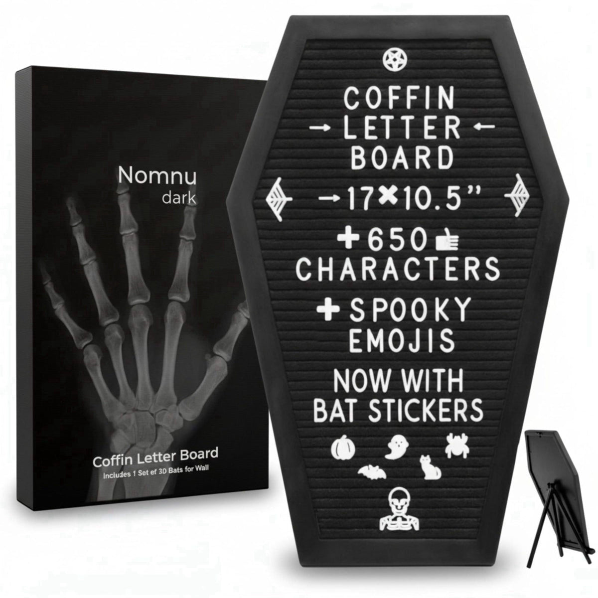 Nomnu Coffin Letter Board with 80 Spooky Emojis and Bat Stickers, 17x10.5" – packaging and label