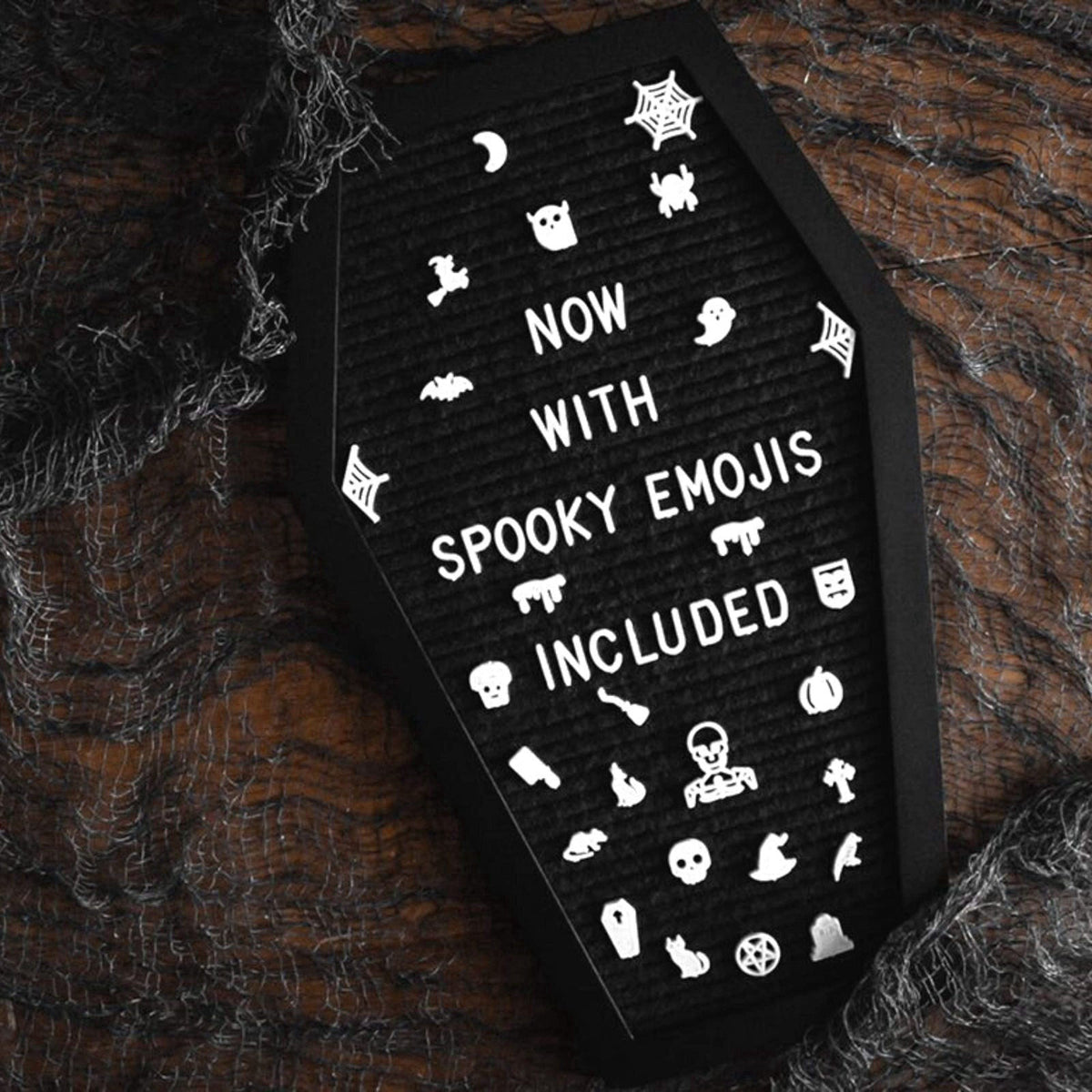Nomnu Coffin Letter Board with 80 Spooky Emojis and Bat Stickers, 17x10.5" – full view, size 17" Inches Tall , 1