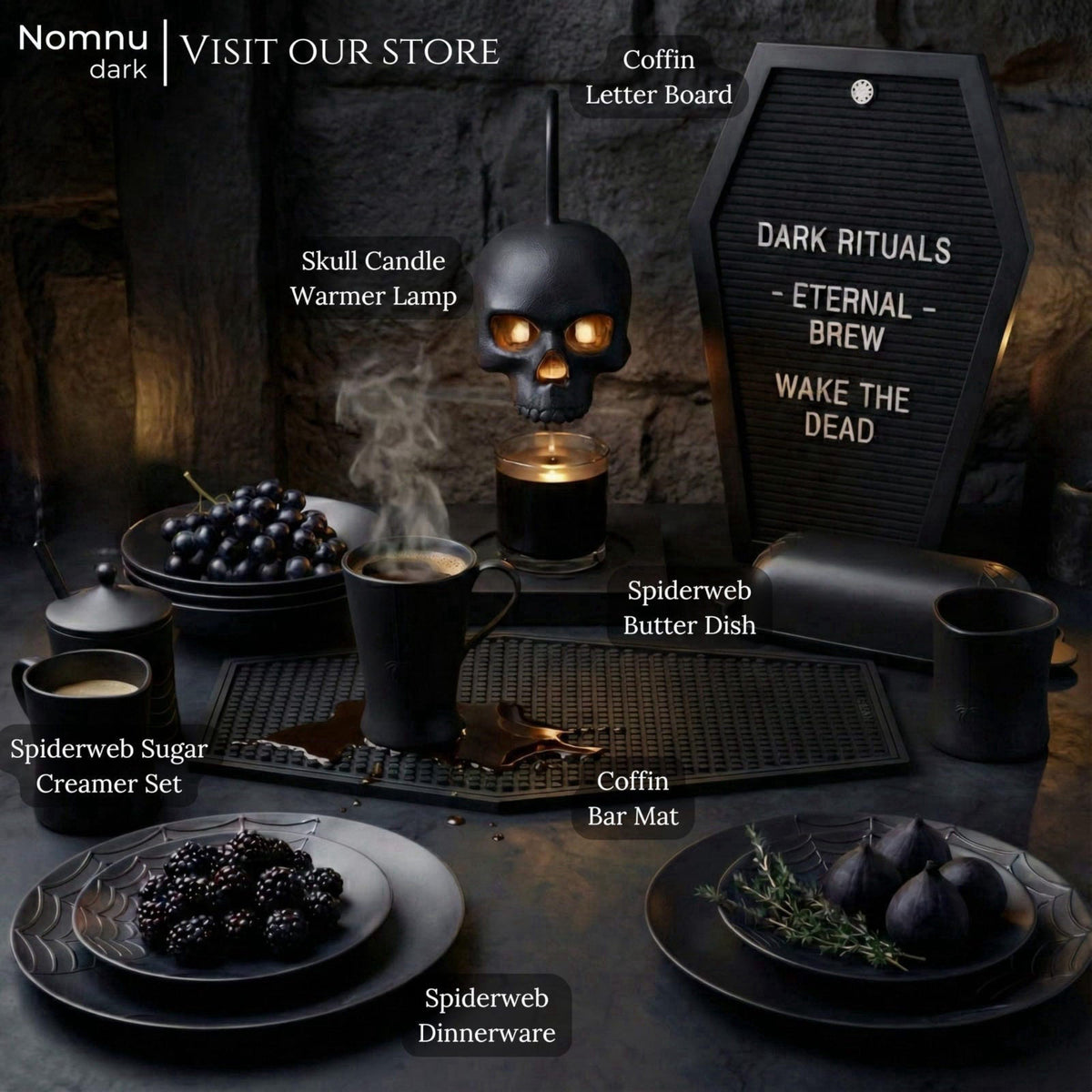 Nomnu Coffin Letter Board with 80 Spooky Emojis and Bat Stickers, 17x10.5" – back view and specifications
