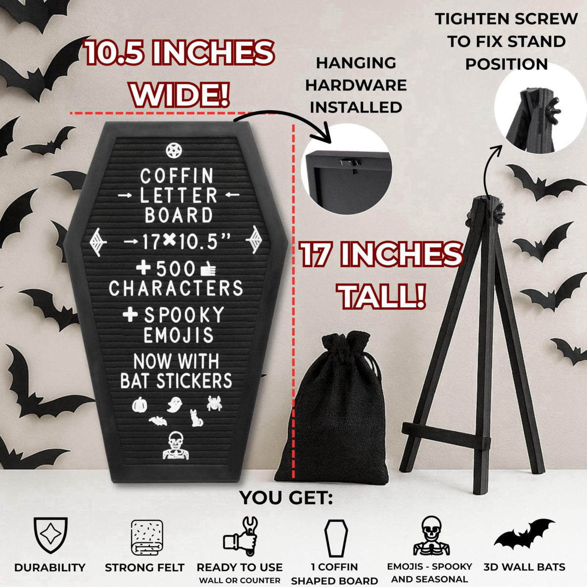 Nomnu Coffin Letter Board with 80 Spooky Emojis and Bat Stickers, 17x10.5" – alternate angle