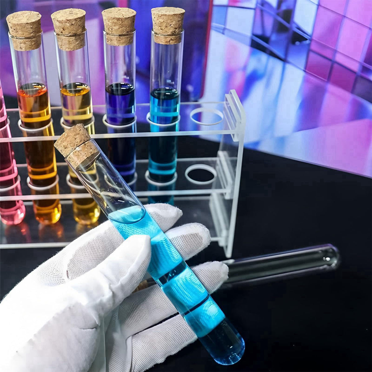 BKMAMLAB 25ml 40pcs Clear Glass Test Tubes 18x150mm with Cork Stoppers and 1pcs 50Holes Plastic Tubes Rack for use in La