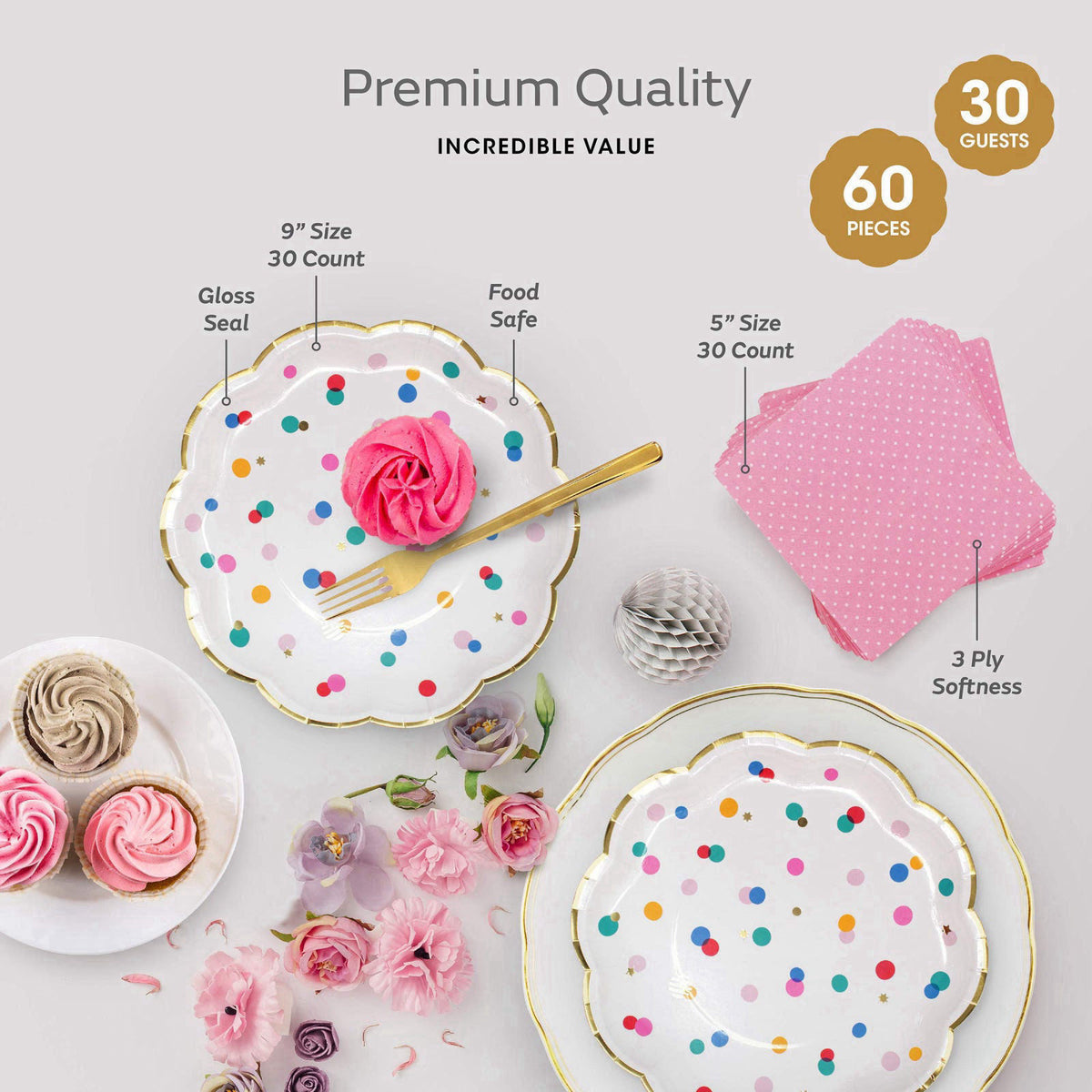 The Joy Bazaar Premium Pink and Gold Party Plates Set - 30 Pack Disposable Plates and Napkins, Ultra-Durable 400GSM, No 