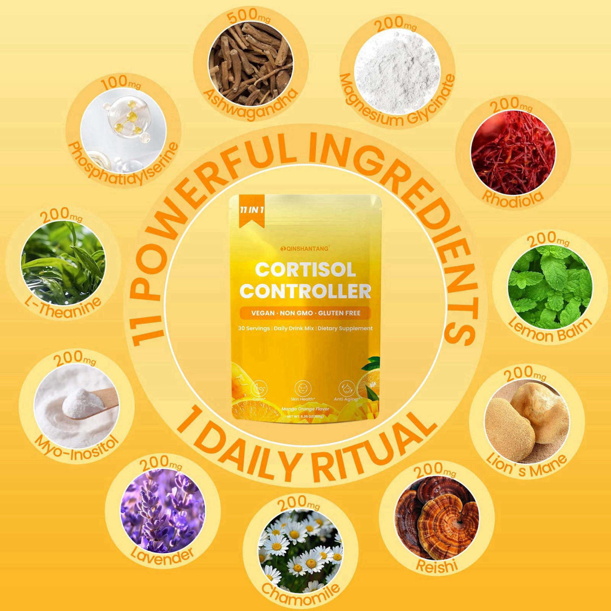 QIN SHAN TANG Cortisol Drink Powder, Cortisol Supplements for Women | Magnesium Glycinate, Ashwagandha, L-Theanine & Lio