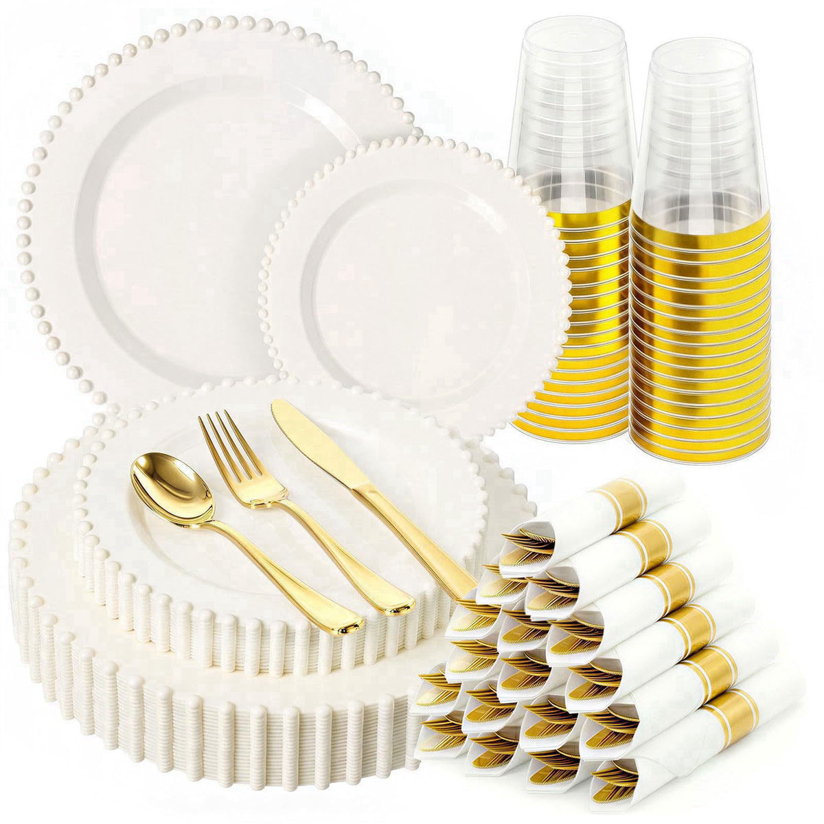 cheerserve 175pcs Plastic Dinnerware Set Ivory 25 Guests for Wedding