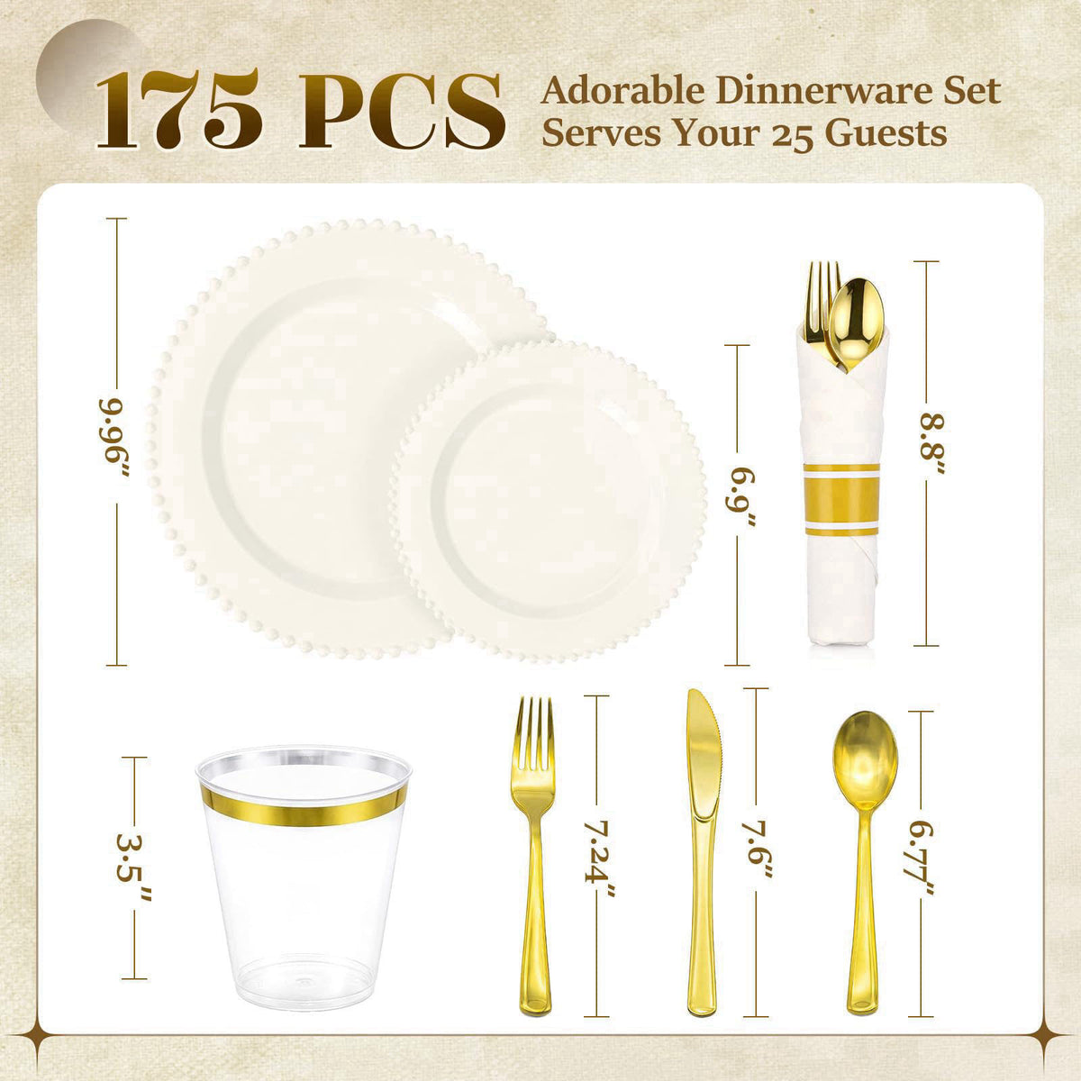 cheerserve 175pcs Plastic Dinnerware Set Ivory 25 Guests for Wedding – packaging and label