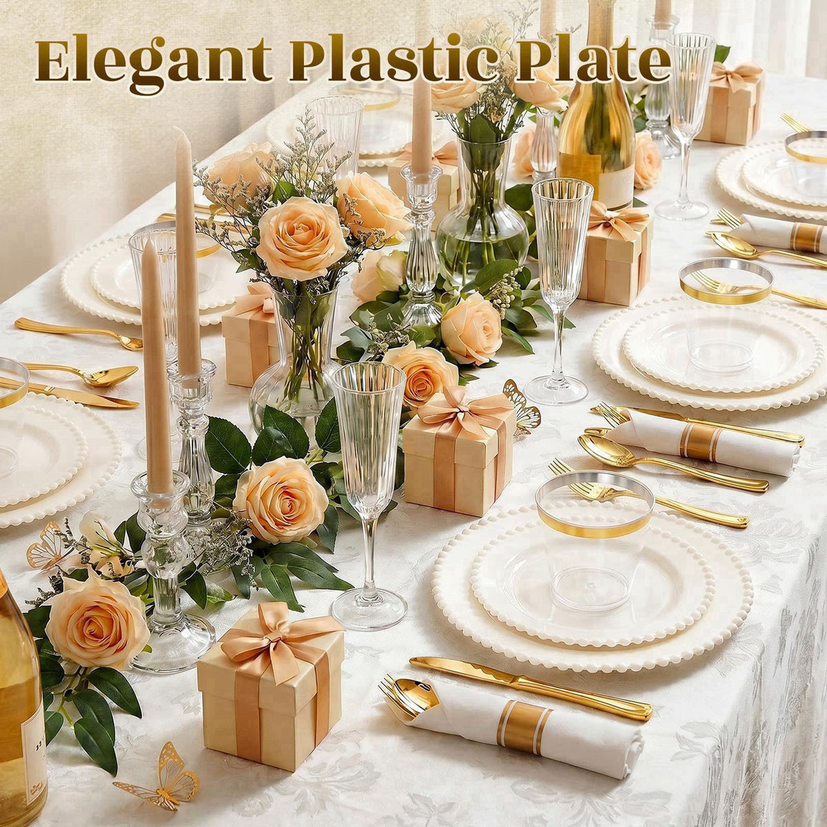 cheerserve 175pcs Plastic Dinnerware Set Ivory 25 Guests for Wedding – full view