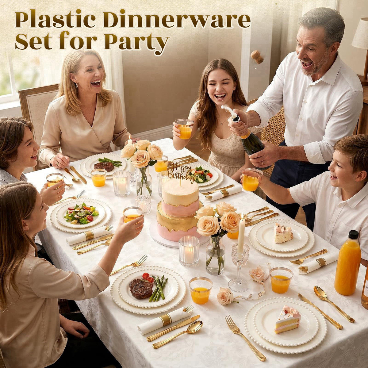 cheerserve 175pcs Plastic Dinnerware Set Ivory 25 Guests for Wedding – back view and specifications