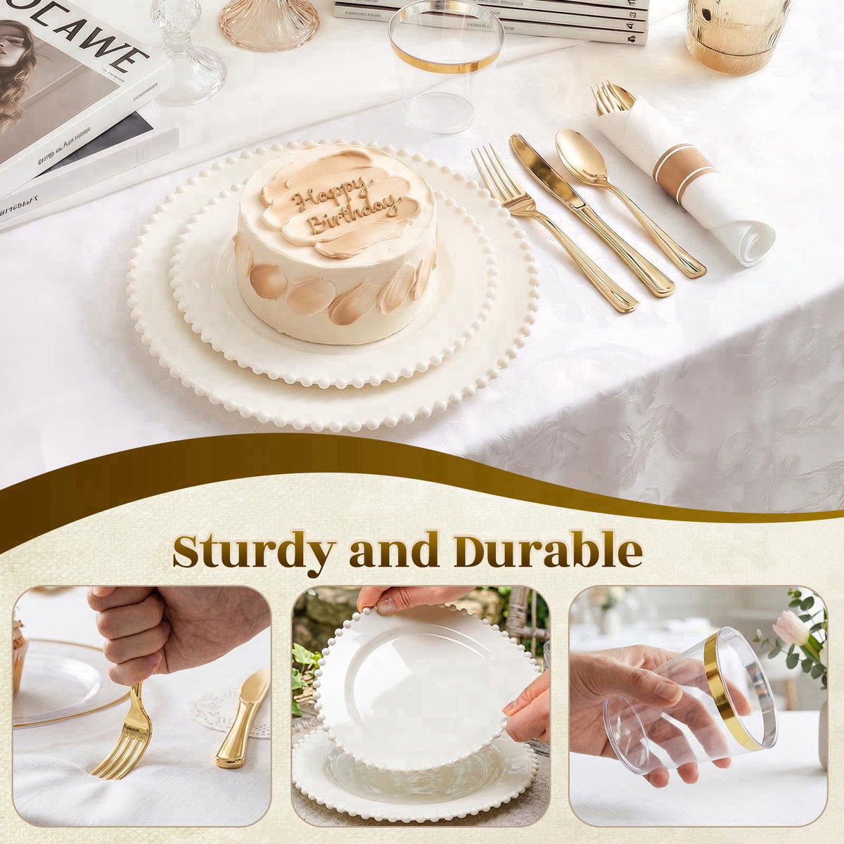 cheerserve 175pcs Plastic Dinnerware Set Ivory 25 Guests for Wedding – alternate angle
