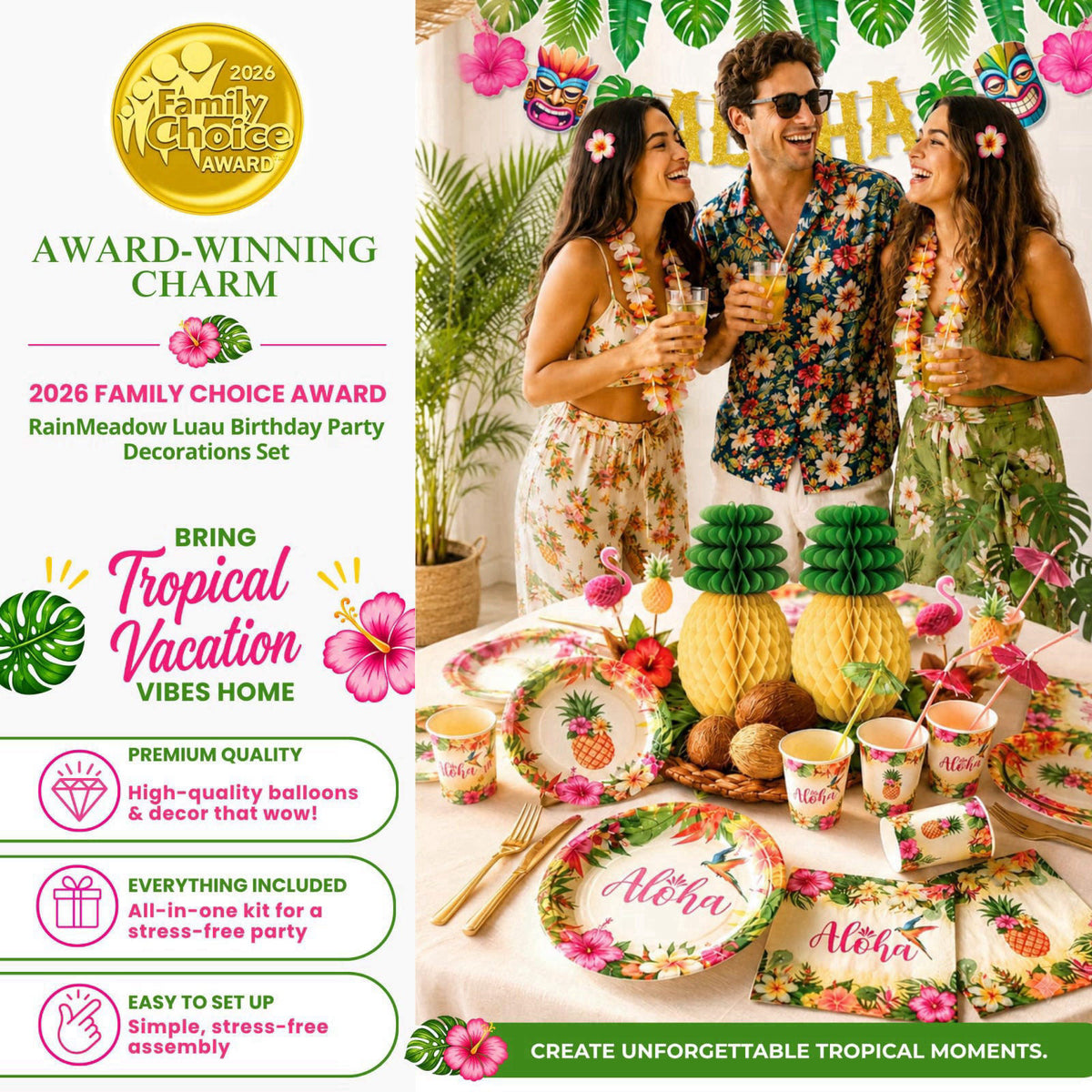 RainMeadow Premium Luau Birthday Party Decorations Set for 25 Guests - Hawaiian Theme – packaging and label