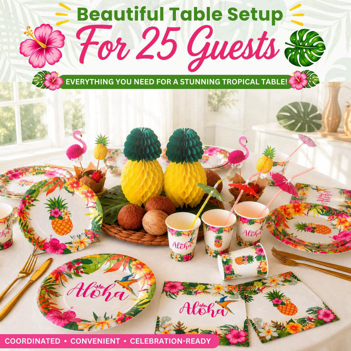 RainMeadow Premium Luau Birthday Party Decorations Set for 25 Guests - Hawaiian Theme – full view